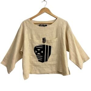 Joy Burton My Tribe Linen Boxy Top Abstract Tribal Pocket Women’s Medium Artsy
